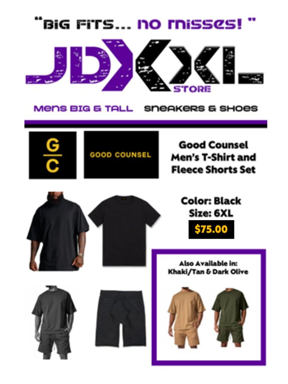 GOOD COUNSEL Big & Tall 6XL Matching Set Black | Cotton Tee & Fleece Shorts